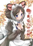  1girl animal_ears apron blue_eyes brooch brown_dress brown_hair character_name chiki_yuuko commentary_request copyright_name dress eyebrows_visible_through_hair greater_glider_(kemono_friends) grey_hair grey_tail jewelry kemono_friends maid maid_apron maid_headdress multicolored_hair open_mouth solo tail two-tone_hair 
