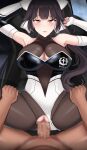  1boy 1girl absurdres azur_lane bare_shoulders bodystocking bow breasts brown_hair car_interior censored cleavage_cutout clothing_aside clothing_cutout fingerless_gloves gloves hair_bow highres large_breasts leotard leotard_aside long_hair looking_at_viewer mosaic_censoring multicolored_leotard official_alternate_costume orange_eyes race_queen redthered0814 sex takao_(azur_lane) takao_(full_throttle_charmer)_(azur_lane) torn_bodystocking torn_clothes two-tone_leotard unitard very_long_hair white_bow white_gloves 