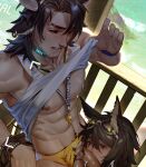  2boys abs animal_ears arknights bara beach blush brown_eyes chiizu_namasu clothes_lift clothing_aside courier_(arknights) cow_boy cow_ears cow_horns feet_out_of_frame fellatio from_above highres horns leopard_ears licking licking_penis lifeguard lifted_by_self male_focus male_swimwear matterhorn_(arknights) matterhorn_(beach_guard)_(arknights) medium_hair multiple_boys navel navel_hair nipple_piercing nipples official_alternate_costume oral out-of-frame_censoring outdoors penis piercing reward_available sample sand shirt_lift stomach swim_briefs swimsuit swimsuit_aside toned toned_male underpec whistle whistle_around_neck yaoi yellow_male_swimwear 
