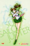  1990s_(style) 1girl arm_up back_bow bishoujo_senshi_sailor_moon bow brown_hair character_name choker crossed_arms elbow_gloves electricity floating_hair full_body gloves gradient gradient_background green_background green_choker green_eyes green_footwear green_sailor_collar green_skirt green_theme high_ponytail highres inner_senshi kino_makoto leotard logo long_hair looking_at_viewer magical_girl miniskirt official_art open_mouth pleated_skirt retro_artstyle sailor_collar sailor_jupiter sailor_senshi skirt solo special_moves starry_background tiara 