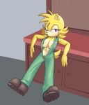  abs anthro big_breasts bodily_fluids boots breasts canid canine canis clothing ellie_the_wolf fan_character female footwear fours_(artist) fur hi_res jumpsuit mammal muscular muscular_female pubes purple_eyes sega solo sonic_the_hedgehog_(series) sweat torn_clothing torn_sleeves wolf yellow_body yellow_fur 