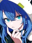  1girl absurdres bangs blue_eyes blue_hair blurry close-up collar commentary crossed_bangs earrings eyebrows_visible_through_hair finger_to_cheek hair_between_eyes highres hololive hoshimachi_suisei jewelry looking_at_viewer medium_hair nanashnojo parted_lips portrait solo sweatdrop virtual_youtuber 