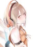  1girl absurdres bare_shoulders blush brown_hair chunithm expressionless headphones highres hito_komoru_(style) kisaragi_yaya looking_at_viewer nose_blush orange_eyes parted_lips short_hair simple_background sky_feather solo upper_body white_background 