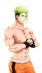  1boy abs achilles_(fate) bangs bara fate/grand_order fate_(series) fingerless_gloves fist_in_hand gloves green_hair grin large_pectorals male_focus muscular muscular_male navel nipples official_alternate_costume orange_shorts pectorals rinnnnake short_hair shorts sideburns smile solo spiked_hair stomach swept_bangs topless_male wrestling_outfit 
