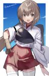  1girl akagi_(kancolle) akagi_(kancolle)_(cosplay) blue_sky brown_eyes brown_gloves brown_hair cloud commentary_request cosplay cowboy_shot gloves highres kantai_collection looking_at_viewer muneate one-hour_drawing_challenge partially_fingerless_gloves picoli1313 short_hair single_glove sky smile solo taihou_(kancolle) thighhighs twitter_username white_legwear yugake 