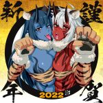  2022 2girls animal_ears animal_print asymmetrical_docking bangs blue_hair blue_skin blunt_bangs bodypaint breast_press chest_strap clenched_hand colored_skin commentary_request facepaint fangs horns looking_at_viewer messy_hair mikoyan multiple_girls muscular muscular_female oni oni_horns open_mouth original piercing red_eyes red_skin sharp_teeth short_hair teeth tiger_ears tiger_print tongue tongue_out translated white_hair 