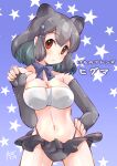  1girl animal_ears bare_shoulders bear_ears bear_girl black_gloves black_hair blue_bow blue_bowtie bow bowtie breasts brown_bear_(kemono_friends) character_name chiki_yuuko cleavage closed_mouth commentary_request cowboy_shot elbow_gloves fingerless_gloves gloves hair_ornament hairpin hand_on_hip kemono_friends paw_hair_ornament pointing pointing_at_self red_eyes solo star_(symbol) swimsuit swimsuit_skirt 