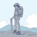  1girl absurdres backpack bag blue_sky closed_mouth cloud commentary flower hat highres hiking jacket limited_palette long_sleeves looking_at_viewer mountain muji_(uimss) original pants shoes short_hair sky solo standing v 