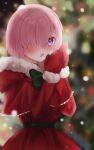  1girl blurry blurry_background blush bow bowtie cape capelet christmas christmas_tree dress fate/grand_order fate_(series) fur-trimmed_cape fur-trimmed_gloves fur-trimmed_sleeves fur_trim gloves green_bow green_bowtie hair_over_one_eye harukappa highres hood hood_down hooded_capelet long_sleeves mash_kyrielight mittens pink_hair purple_eyes red_cape red_dress red_gloves short_hair snowing solo standing winter 