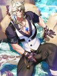  1boy absurdres animal_ears arknights bara bulge chiizu_namasu crotch_grab feet_out_of_frame from_above gloves hair_between_eyes highres jewelry leather leather_gloves leopard_boy leopard_ears leopard_tail long_hair looking_at_viewer male_focus necklace partially_unbuttoned pectoral_cleavage pectorals reward_available silverash_(arknights) solo spread_legs tail thick_thighs thighs toned toned_male 