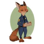  anthro badge barefoot canid canine clothing dessert disney doughnut doughnut_box eyes_closed eyewear eyewear_on_head feet food fox hi_res male mammal nick_wilde percibey police_uniform solo sunglasses sunglasses_on_head uniform zootopia 