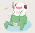  7mb_yut :p animal_focus english_text facial_hair heart holding holding_sword holding_weapon horns league_of_legends mixed-language_commentary mustache no_humans poro_(league_of_legends) riding scuttle_crab simple_background sitting sword tongue tongue_out weapon white_background 