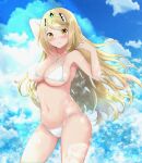  1girl arm_behind_head arm_up bikini blonde_hair blush breasts cleavage cloud day eyebrows_visible_through_hair gem headpiece jewelry large_breasts long_hair looking_at_viewer musubi_moni mythra_(xenoblade) navel ocean pose shiny shiny_skin skindentation sky smile solo swimsuit thighs tiara very_long_hair water white_bikini white_swimsuit xenoblade_chronicles_(series) xenoblade_chronicles_2 yellow_eyes 