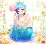  1girl aoi_sana bangs black_choker blue_eyes blue_hair blue_skirt blunt_bangs blush bouquet braid character_request choker closed_mouth crown_braid eyebrows_visible_through_hair flower hair_ornament highres holding holding_bouquet long_hair long_skirt long_sleeves pink_flower pink_rose ribbed_sweater rose shiny shiny_hair sitting skirt sleeves_past_wrists smile solo star_(symbol) star_hair_ornament sweater virtual_youtuber white_sweater yellow_flower yellow_rose 