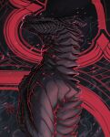 abstract_background ambiguous_gender anthro black_background black_body black_scales claws dragon hand_on_chest hi_res horn monosol pose red_background scales scalie simple_background solo standing teeth 
