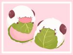  7mb_yut :p animal animal_focus artist_name chibi closed_eyes eating food_in_mouth horns league_of_legends lettuce mixed-language_commentary no_humans pink_background poro_(league_of_legends) tongue tongue_out two-tone_background 
