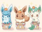 :3 animal_focus blue_eyes box brown_eyes closed_mouth commentary_request eevee food food_on_head fruit fruit_on_head glaceon kana_(maple926) leafeon new_year no_humans object_on_head orange_(fruit) pink_background pokemon pokemon_(creature) shadow simple_background spark yellow_eyes 