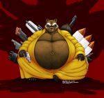  absurd_res anthro belly big_belly clothing conditional_dnp guardians_of_the_galaxy gun handgun hi_res looking_at_viewer machine_gun male mammal marvel navel overweight overweight_male procyonid raccoon ranged_weapon reagan700 red_background red_eyes rifle robe rocket rocket_raccoon simple_background sitting smile smiling_at_viewer solo tanookicatoon weapon 