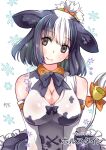  1girl animal_ears animal_print bare_shoulders bell black_bow black_bowtie black_eyes black_hair bow bowtie breasts character_name chiki_yuuko cleavage closed_mouth commentary_request cow_ears cow_girl cow_print cow_tail dress gloves hair_bow holstein_friesian_cattle_(kemono_friends) kemono_friends multicolored_hair orange_bow print_dress smile snowflakes solo tail tail_bell tail_bow tail_ornament two-tone_hair upper_body white_hair white_tail 
