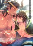  2boys bangle blanket blurry blurry_background bracelet cain_(granblue_fantasy) capelet cow_boy cow_horns crystal draph ear_piercing eyepatch granblue_fantasy horns jewelry large_pectorals long_hair looking_at_another looking_at_object male_focus medium_hair multiple_boys muscular muscular_male palm_tree pectorals piercing pointy_ears prism rainbow reinhardtzar sat-tsu size_difference straight-on sweatdrop topless_male tree 