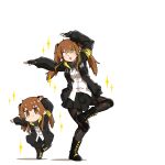  2girls :3 armband black_footwear black_gloves boots brown_eyes brown_hair chibi clone commentary_request eyebrows_visible_through_hair fingerless_gloves full_body girls&#039;_frontline gloves hair_ornament hairclip highres jacket long_hair looking_at_viewer multiple_girls myon2 open_mouth pose shirt simple_background skirt smile standing standing_on_one_leg star_(symbol) tactical_clothes twintails ump9_(girls&#039;_frontline) white_background white_shirt yellow_eyes 