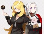  2girls blonde_hair breasts chocojax cleavage commentary_request commission crossover cynthia_(pokemon) edelgard_von_hresvelg eyebrows_visible_through_hair fire_emblem fire_emblem:_three_houses fur-trimmed_jacket fur-trimmed_sleeves fur_collar fur_trim garreg_mach_monastery_uniform gloves grey_eyes hair_over_one_eye highres jacket large_breasts long_hair long_sleeves looking_at_viewer luxury_ball multiple_girls poke_ball pokemon pokemon_(game) pokemon_dppt purple_eyes silver_hair smile 