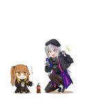  2girls :d absurdres beret blue_eyes bottle brown_eyes brown_hair cellphone chibi clenched_hand cola commentary_request flip_phone girls&#039;_frontline gloves hat heterochromia highres mdr_(girls&#039;_frontline) mentos multicolored_hair multiple_girls myon2 one_knee open_mouth pantyhose phone pink_eyes pink_hair shoes side_ponytail simple_background sitting smile sneakers soda_bottle streaked_hair tactical_clothes translated ump9_(girls&#039;_frontline) white_background white_footwear white_gloves white_hair 
