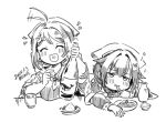  2girls bandana bottle braid choko_(cup) chougei_(kancolle) closed_eyes commentary_request cup eating food greyscale hair_ornament hair_over_shoulder hair_rings hairclip heart heart_in_mouth jingei_(kancolle) kantai_collection kirisawa_juuzou long_hair monochrome multiple_girls sake_bottle shawl twin_braids upper_body whale 