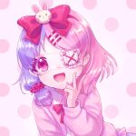  1girl :d bow bunny_hair_ornament child colored_eyelashes eyepatch frilled_eyepatch hair_bow hair_ornament hair_scrunchie highres kero-san_(keroooo_3) looking_at_viewer multicolored_hair open_mouth original pink_background pink_eyes pink_hair pink_scrunchie pink_shirt polka_dot polka_dot_background purple_hair red_bow scrunchie shiny shiny_hair shirt short_hair smile solo split-color_hair two-tone_hair upper_body 