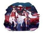 2girls absurdres allenes animal_ear_fluff animal_ears asymmetrical_legwear azur_lane bangs bare_shoulders bell black_hair blue_eyes breasts cat_ears cat_tail commentary_request detached_sleeves double_bun extra_ears eyebrows_visible_through_hair floating_hair full_body hair_ribbon hatsuharu_(azur_lane) highres holding holding_sheath holding_sword holding_weapon japanese_clothes jingle_bell katana long_hair long_sleeves looking_back medium_breasts miko multiple_girls pleated_skirt red_ribbon red_skirt ribbon sandals sheath sideways_glance single_sock single_thighhigh skirt socks standing sword tail tail_bell tail_ornament tail_ribbon thighhighs two_side_up uneven_legwear very_long_hair weapon white_legwear wide_sleeves yellow_eyes yuugure_(azur_lane) 