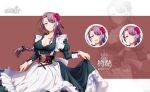  1girl absurdres apron azur_lane black_bow black_dress blue_eyes bow braid breasts cleavage clothes_lift curacoa_(azur_lane) dress dress_lift expressions flower hair_bow highres juliet_sleeves long_dress long_hair long_sleeves looking_at_viewer maid maid_apron medium_breasts puffy_sleeves purple_hair red_flower royal_navy_(emblem) simple_background single_braid skirt_hold two-tone_background white_apron wuyawu 