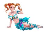  1girl absurdres breasts cleavage commission dragon_quest dragon_quest_viii flower ginkitsune hair_flower hair_ornament highres jessica_albert looking_at_viewer nail_polish solo swimsuit toes twintails 
