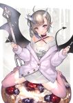  1girl :q absurdres blush breasts cleavage collar demon_tail demon_wings fork grey_hair highres hitowa holding holding_fork holding_knife horns knife looking_at_viewer original pastry pink_eyes pink_legwear ponytail side_ponytail sitting solo tail thighhighs tongue tongue_out wariza wings 