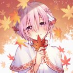  1girl ahoge autumn_leaves braid capelet closed_mouth cyclamen_(flower_knight_girl) falling_leaves flower_knight_girl hair_ribbon holding holding_leaf kyouya_(hosituki) leaf looking_at_viewer maple_leaf pink_eyes pink_hair ribbon short_hair smile solo upper_body white_capelet 