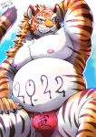  2022 anthro asian_clothing belly blush bulge chinese_zodiac clothing cute_fangs east_asian_clothing felid fundoshi hi_res holidays humanoid_hands japanese_clothing kemono male mammal moobs new_year new_year_2022 nipples overweight overweight_male pantherine red_clothing red_fundoshi red_underwear sitting solo tiger toraya_inugami underwear year_of_the_tiger 