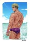  1boy ass bangs bara beach dark-skinned_male dark_skin green_hair jewelry king_of_prism_by_prettyrhythm looking_at_viewer male_focus male_swimwear maut muscular muscular_male necklace pectorals pretty_(series) pretty_rhythm purple_male_swimwear short_hair sideburns sidepec solo swim_briefs thighs topless_male wading water wet wet_hair yamato_alexander 