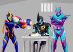  1girl 2boys aqua_eyes armor barid_rex bat_genome black_armor black_horns blue_armor blue_eyes blue_footwear bodysuit boots chair crossed_arms curry desk food highres horns interrogation kamen_rider_evil kamen_rider_jeanne kamen_rider_revi kamen_rider_revice libera_driver multiple_boys orange_horns otokamu pink_eyes prison purple_bodysuit revice_driver rider_belt rocket_launcher siblings single_horn sitting spray_paint thigh_boots thighhighs turle_genome weapon 