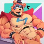  abs animatronic anthro biceps brown_body clothing dnsharf ear_piercing five_nights_at_freddy&#039;s five_nights_at_freddy&#039;s:_security_breach glamrock_freddy_(fnaf) hat headgear headwear looking_at_viewer machine male mammal muscular muscular_anthro muscular_male nipples pecs piercing robot scottgames shoulder_pads simple_background smile solo ursid video_games 
