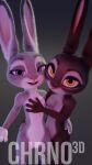  2021 3d_(artwork) anthro breasts chrno digital_media_(artwork) disney duo featureless_crotch female female/female front_view fur grey_body grey_fur hand_on_breast judy_hopps lagomorph leporid looking_at_viewer mammal nipples nude open_mouth open_smile purple_eyes rabbit small_breasts smile yellow_eyes zootopia 