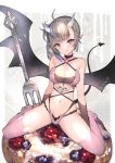  1girl absurdres bare_shoulders black_gloves blush breasts cleavage collar demon_tail demon_wings eyebrows_visible_through_hair fork gloves grey_hair highres hitowa horns long_hair looking_at_viewer navel original pastry pink_legwear side_ponytail solo tail tattoo thighhighs wings 
