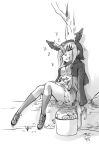  1girl atlantic_puffin_(kemono_friends) bird_girl bow bucket chiki_yuuko closed_eyes commentary_request feathered_wings food footwear_bow greyscale head_wings hood hoodie kemono_friends monochrome sitting skirt sleeping smile solo tree wings zzz 