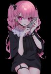  1girl absurdres blood blush bracelet choker crazy cuts dress ear_piercing heart heart-shaped_pupils highres injury jewelry knife looking_at_viewer original pale_skin piercing pink_hair purple_eyes self_harm smile symbol-shaped_pupils thighs twintails uu3cm wrist_cutting yandere 