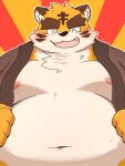  2022 anthro belly black_nose blush cute_fangs eyes_closed felid hi_res kemono male mammal moobs navel nipples orange_body overweight overweight_male pantherine shibuya_2810 solo tiger 