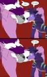  absurd_res agneel_(character) anthro breeches canid canine canis dantem_(character) duo esacosaverde felid fur green_stripes hi_res lion male male/male mammal pantherine purple_body purple_fur stripes wolf 