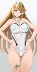  &gt;:) 1girl ass_visible_through_thighs bangs bare_arms bare_shoulders blonde_hair blush breasts brown_eyes casual_one-piece_swimsuit chest_jewel choker cleavage closed_mouth collarbone commentary_request cowboy_shot earrings eyebrows_visible_through_hair gradient gradient_background grey_background hands_on_hips head_tilt highres higofushi jewelry large_breasts long_hair looking_at_viewer mythra_(radiant_beach)_(xenoblade) mythra_(xenoblade) official_alternate_costume one-piece_swimsuit sidelocks single_earring smile solo straight_hair strapless strapless_swimsuit striped striped_swimsuit swept_bangs swimsuit thigh_gap thigh_strap thighs tiara v-shaped_eyebrows vertical-striped_swimsuit vertical_stripes very_long_hair white_choker white_swimsuit xenoblade_chronicles_(series) xenoblade_chronicles_2 