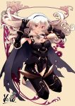  1girl alternate_costume armor artist_name ascot bangs black_armor black_cape black_gloves black_legwear black_leotard breastplate breasts brooch cape cleavage commentary_request corrin_(fire_emblem) corrin_(fire_emblem)_(female) fire_emblem fire_emblem_fates fire_emblem_heroes gauntlets gloves hair_between_eyes hairband jewelry kero_sweet kneeling large_breasts leotard long_hair looking_at_viewer no_shoes official_alternate_costume open_mouth pointy_ears red_eyes shoulder_armor smile solo toeless_legwear toes torn_cape torn_clothes very_long_hair wavy_hair white_ascot white_hair 