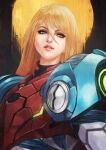  1girl absurdres blonde_hair blue_eyes eyelashes head_tilt highres long_hair metroid metroid_dread mole mole_under_mouth monori_rogue parted_lips power_suit power_suit_(metroid) samus_aran smile solo upper_body 