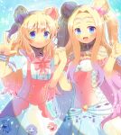  2girls :d animal_ears bangs bare_shoulders blonde_hair blue_eyes blush bow breasts closed_mouth commission copyright_request covered_navel double_bun dress eyebrows_visible_through_hair forehead hair_between_eyes hands_up holding_hands interlocked_fingers kou_hiyoyo long_hair multiple_girls parted_bangs pink_bow pink_sailor_collar pleated_dress puffy_short_sleeves puffy_sleeves sailor_collar short_sleeves skeb_commission small_breasts smile two_side_up very_long_hair w white_dress 