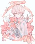  1boy absurdres androgynous angel angel_wings bandages bandaid choker double_halo eyepatch flower halo highres male_focus one_eye_covered original pale_skin pink_eyes pink_hair pink_theme ribbon tulip umeshush wings 