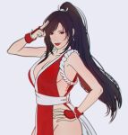  bangs bare_arms belt breasts cleavage cosplay earrings fatal_fury final_fantasy final_fantasy_vii hand_on_hip jewelry lipstick long_hair makeup ninja pelvic_curtain ponytail pose red_eyes red_lips sash shiranui_mai sideboob smile the_king_of_fighters thighs tifa_lockhart voaleine 